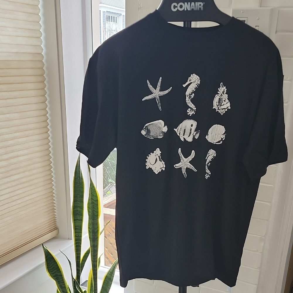 Black T-Shirt with Sea Creature Design, Medium